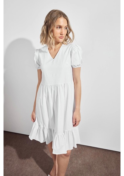 Kadın V Yaka Büzgülü Midi Cotton Elbise 4439/100