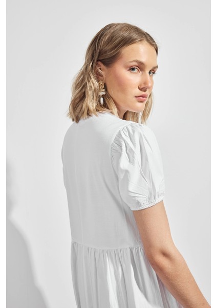 Kadın V Yaka Büzgülü Midi Cotton Elbise 4439/100 fiyatları