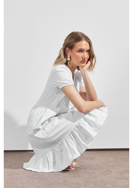 Kadın V Yaka Büzgülü Midi Cotton Elbise 4439/100 modelleri