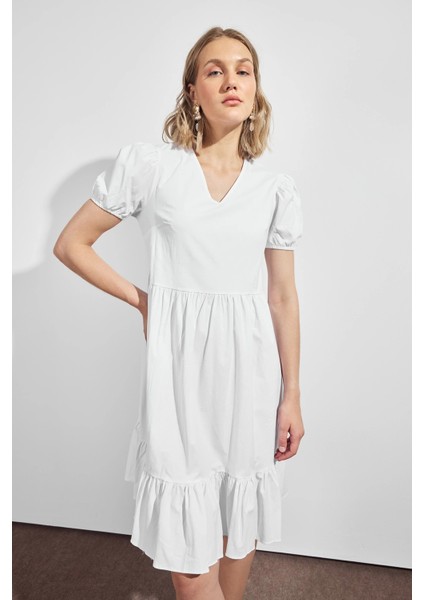 Kadın V Yaka Büzgülü Midi Cotton Elbise 4439/100 indirimleri