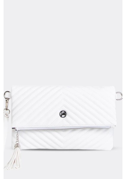 Kadın Clutch Portföy Çantası Uzun Askılı Beyaz