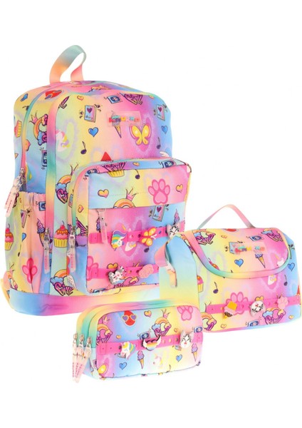 Kids Üçlü Ilkokul 1.2.3.4. Sınıf Okul Çanta Seti - Mavi Sarı - Kız Çocuk - Silikon Aksesuarlı