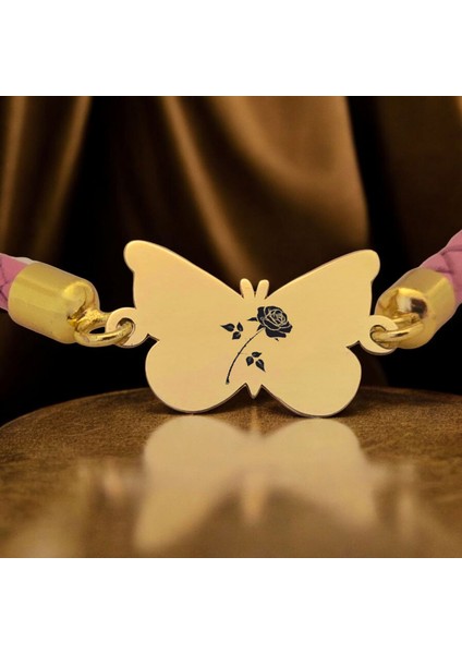 Gül Temalı Kelebek Motifli 14 Ayar Altın Plakalı Pembe Derili Hediye Bileklik-455SEMBOL fiyatları