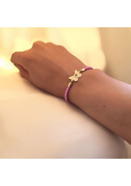 Gül Temalı Kelebek Motifli 14 Ayar Altın Plakalı Pembe Derili Hediye Bileklik-455SEMBOL fırsatları
