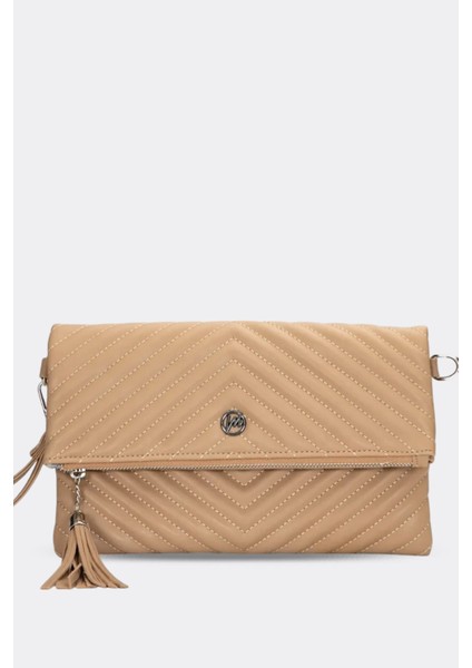 Kadın Clutch Portföy Çantası Uzun Askılı Vizon