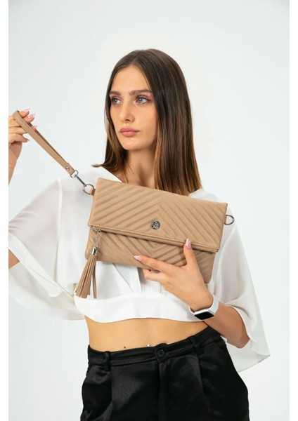Kadın Clutch Portföy Çantası Uzun Askılı Vizon fırsatları