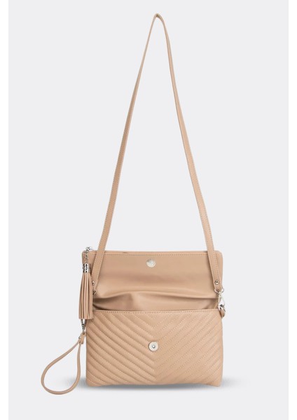 Kadın Clutch Portföy Çantası Uzun Askılı Vizon