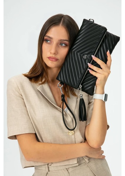Kadın Clutch Portföy Çantası Uzun Askılı Siyah fırsatları