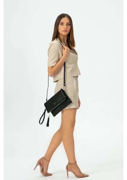Kadın Clutch Portföy Çantası Uzun Askılı Siyah indirimleri