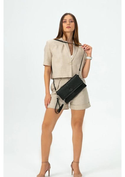 Kadın Clutch Portföy Çantası Uzun Askılı Siyah