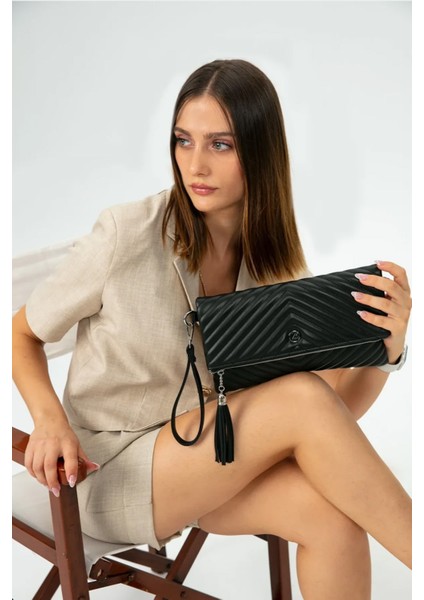 Kadın Clutch Portföy Çantası Uzun Askılı Siyah