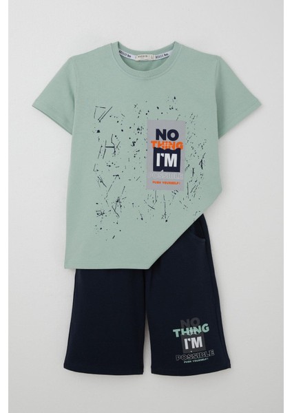 Erkek Çocuk Şortlu Takım Püskürtme Boya Desenli Yazı Baskılı 5-10 Yaş, Mint Yeşili