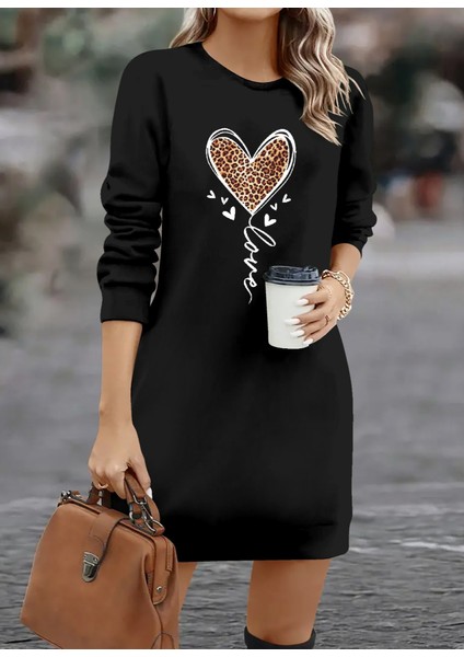 Kadın Uzun Kollu Bisiklet Yaka Kalp Desenli Kısa Viskon Elbise indirimleri