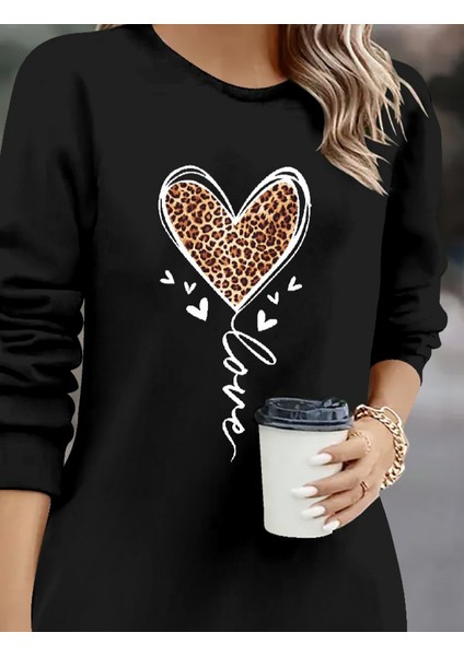 Kadın Uzun Kollu Bisiklet Yaka Kalp Desenli Kısa Viskon Elbise