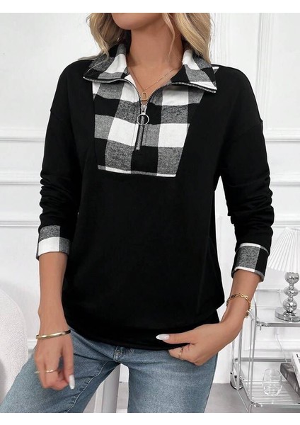 Kadın Uzun Kollu Yakalı Önden Fermuarlı Ekose Detaylı Viskon Iki Iplik Bluz