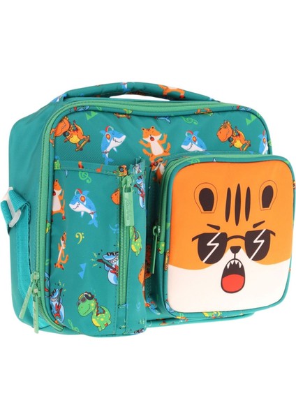 Erkek Çocuk, Yeşil Turuncu, Aslan Baskılı Isı Yalıtımlı Üç Bölmeli (Matara Cepli) Okul Beslenme Çantası L7254