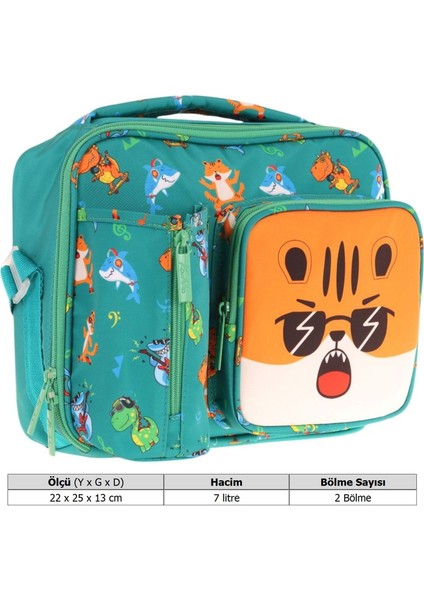 Erkek Çocuk, Yeşil Turuncu, Aslan Baskılı Isı Yalıtımlı Üç Bölmeli (Matara Cepli) Okul Beslenme Çantası L7254 modelleri