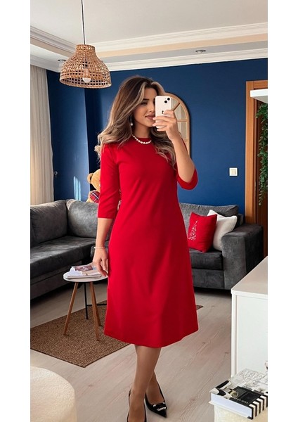 Kadın Uzun Kollu Bisiklet Yaka Midi Ithal Krep Elbise modelleri