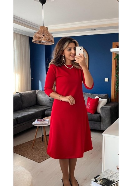 Kadın Uzun Kollu Bisiklet Yaka Midi Ithal Krep Elbise indirimleri