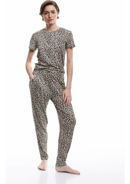 Rahat Kalıp Cepli Leopar Desenli Pijama Altı