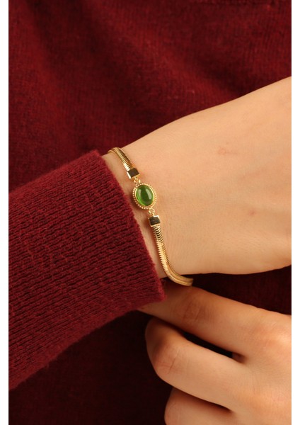 Yeşil Opal Taşlı Balıksırtı Zincir Altın Bileklik CGKBLK0318