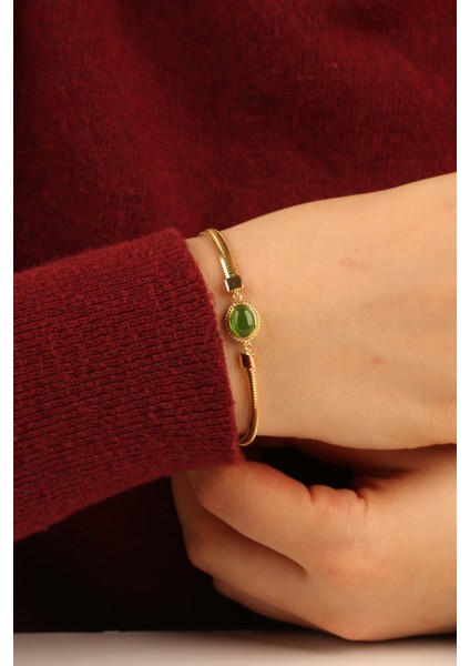 Yeşil Opal Taşlı Balıksırtı Zincir Altın Bileklik CGKBLK0318 fiyatları