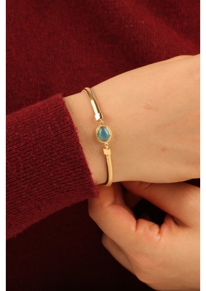 Turkuaz Opal Taşlı Balıksırtı Zincir Altın Bileklik CGKBLK0320