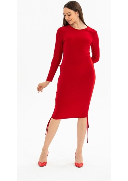 Kadın Uzun Kol Büzgü Detaylı Sandy Kumaş Ayarlanabilir Boy Fırsat Ürün Elbise