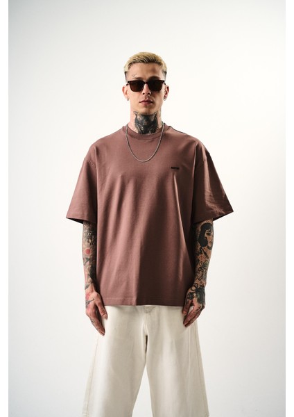 Erkek Respire Yazı Detaylı Oversize T-Shirt Kakao