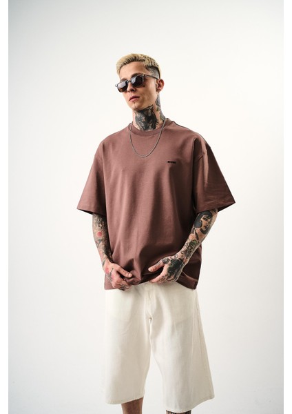Erkek Respire Yazı Detaylı Oversize T-Shirt Kakao indirimleri