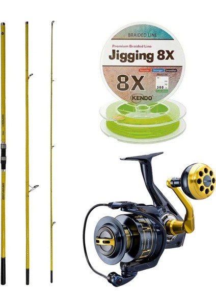 Yekoutdoor Profesyonel Olta Seti Okuma Makaira Surf 4,30 cm 100-250 3 Parça Yellow Surf Kamışı&okuma Salina SA-8000A Blue 6+1bb Olta Makinesi