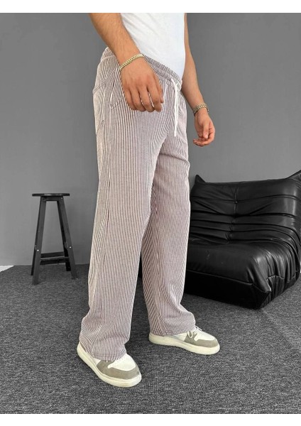 Su Yolu Çizgili Cepli Pantalon Yazlık - Kahverengi