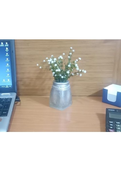 Dahil,vazo Dahil,vazoda Çiçek,beyaz Yapay Çiçek,vazo Dekoratif Kristal Taşlı Gümüş Poliresin 7X7X15CM modelleri