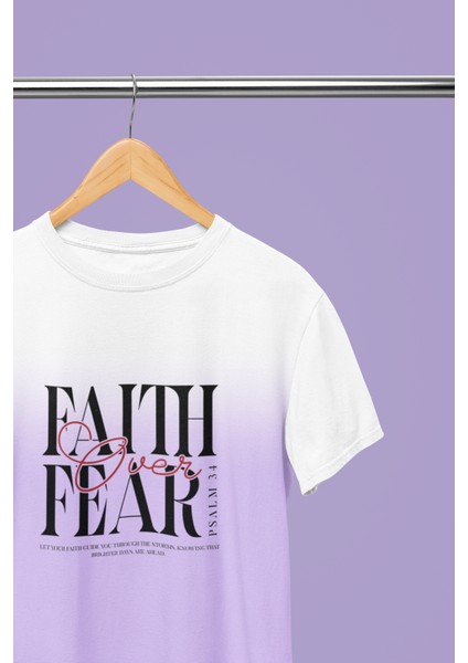Faıth Over Fear Baskılı Standart Kalıp Bisiklet Yaka Pamuklu Kadın Tshırt