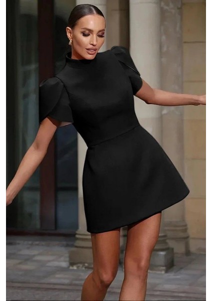 Kadın Kısa Kollu Balıkçı Yaka Arkadan Kelebek Dekolte Detaylı Kısa Atlas Elbise fiyatları