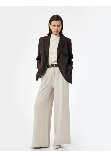 Krep Kumaş Cepli Pile Detaylı Yüksek Bel Geniş Paça Palazzo Pantolon