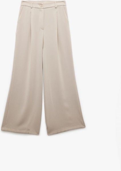 Krep Kumaş Cepli Pile Detaylı Yüksek Bel Geniş Paça Palazzo Pantolon modelleri