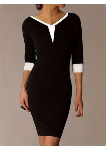 Kadın Truvakar Kol V Yakalı Blok Renkli Kısa Janjan Krep Elbise