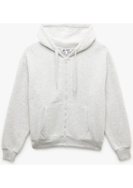 Şardonlu Uzun Kollu Kapüşonlu Kanguru Cepli Oversize Fermuarlı Sweatshirt