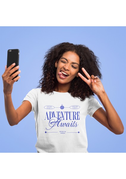 Adventure Baskılı Standart Kalıp Bisiklet Yaka Pamuklu Kadın Tshırt
