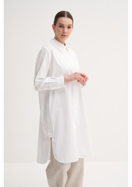 Beyaz %100 Pamuk Düğmeli Yırtmaç Detaylı Uzun Tunik fiyatları