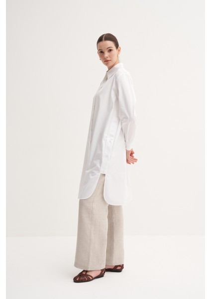 Beyaz %100 Pamuk Düğmeli Yırtmaç Detaylı Uzun Tunik modelleri