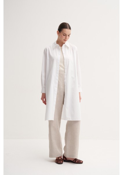 Beyaz %100 Pamuk Düğmeli Yırtmaç Detaylı Uzun Tunik fırsatları