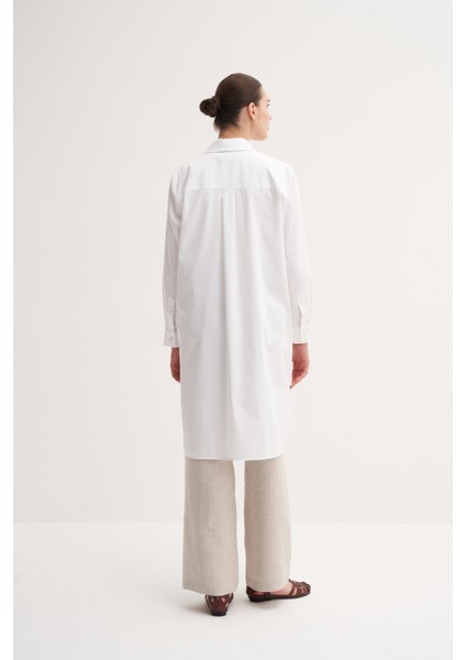 Beyaz %100 Pamuk Düğmeli Yırtmaç Detaylı Uzun Tunik indirimleri