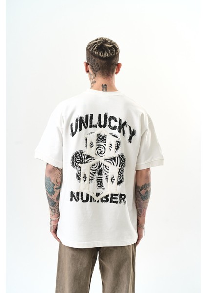Erkek Unlucky Baskılı Oversize T-Shirt Ekru