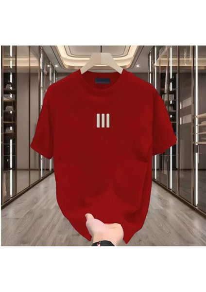 Oversize T-Shirt Çizgi Baskılı Kırmızı Renk