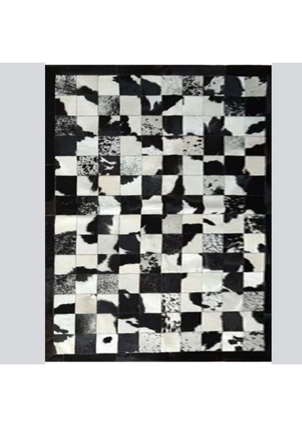 %100 Doğal Dana Derisi Kaymaz Taban Premium Patchwork Halı - Siyah Beyaz fiyatları