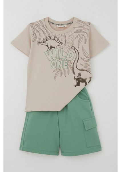 Erkek Çocuk Şortlu Takım Güçlü Dinozorlar Baskılı 3-8 Yaş, Bej