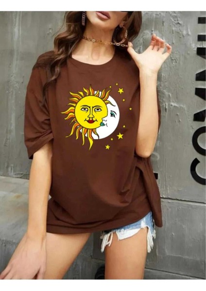 Oversize T-Shirt Güneş Baskılı Kahverengi Renk