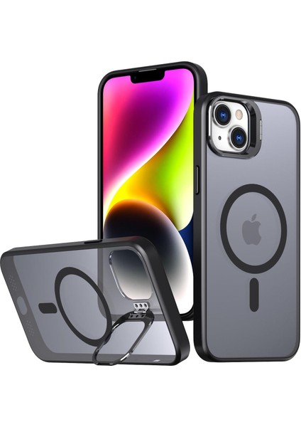 iphone 15 Uyumlu Metal Lens Koruma Çerçevesi/standlı Güçlü Mıknatıslı Bağımsız Buton Hoparlör Koruma Mat Şeffaf Telefon Kılıfı (Siyah)